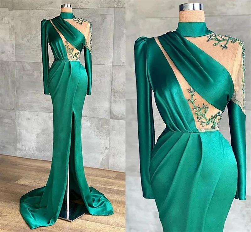 

High Neck Prom Dresses Long Sleeves Bling Beads AppliquedParty Gown Floor Length Custom Made Gorgeous Formal Evening Dress Robes