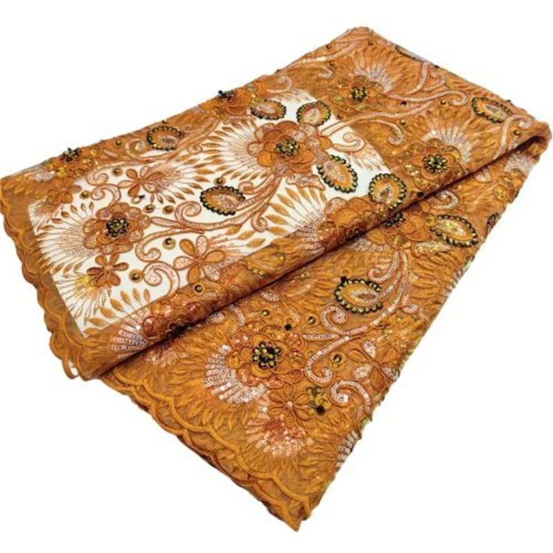 

Оранжевая кружевная ткань с вышивкой, французская сетчатая кружевная ткань с искусственным кружевом для вечерние