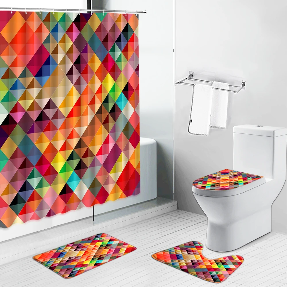 

Geometric Printed Shower Curtains Black And White Stripes Colorful Abstract Bathroom Set Non-Slip Bath Mat Toilet Cover Carpet