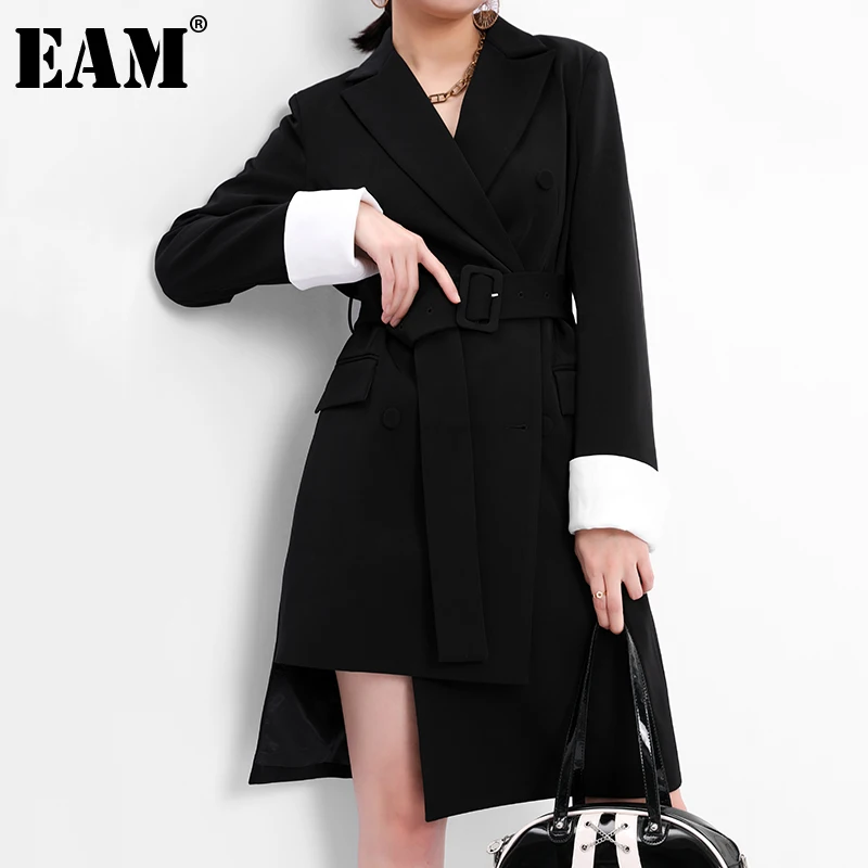 

[EAM] Women Black Asymmetrical Double Breasted Dress New Neck Notched Long Sleeve Loose Fit Fashion Spring Autumn 2021 1S07001