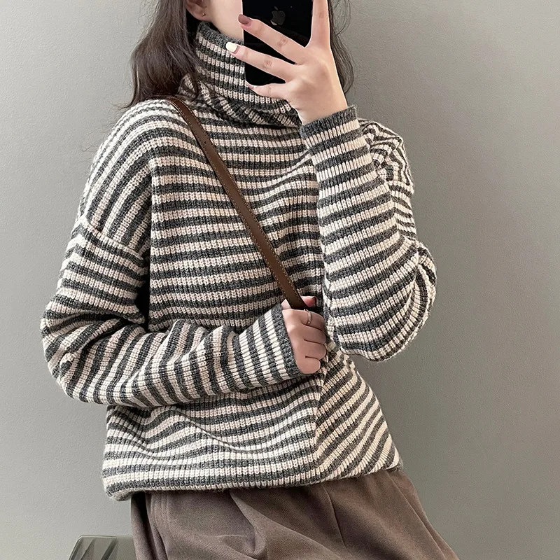 

Korean Style Pile Collar Lazy Fashion Striped Pullover Women's 2021 Autumn and Winter Warm Knitted Long-sleeved Bottoming Top