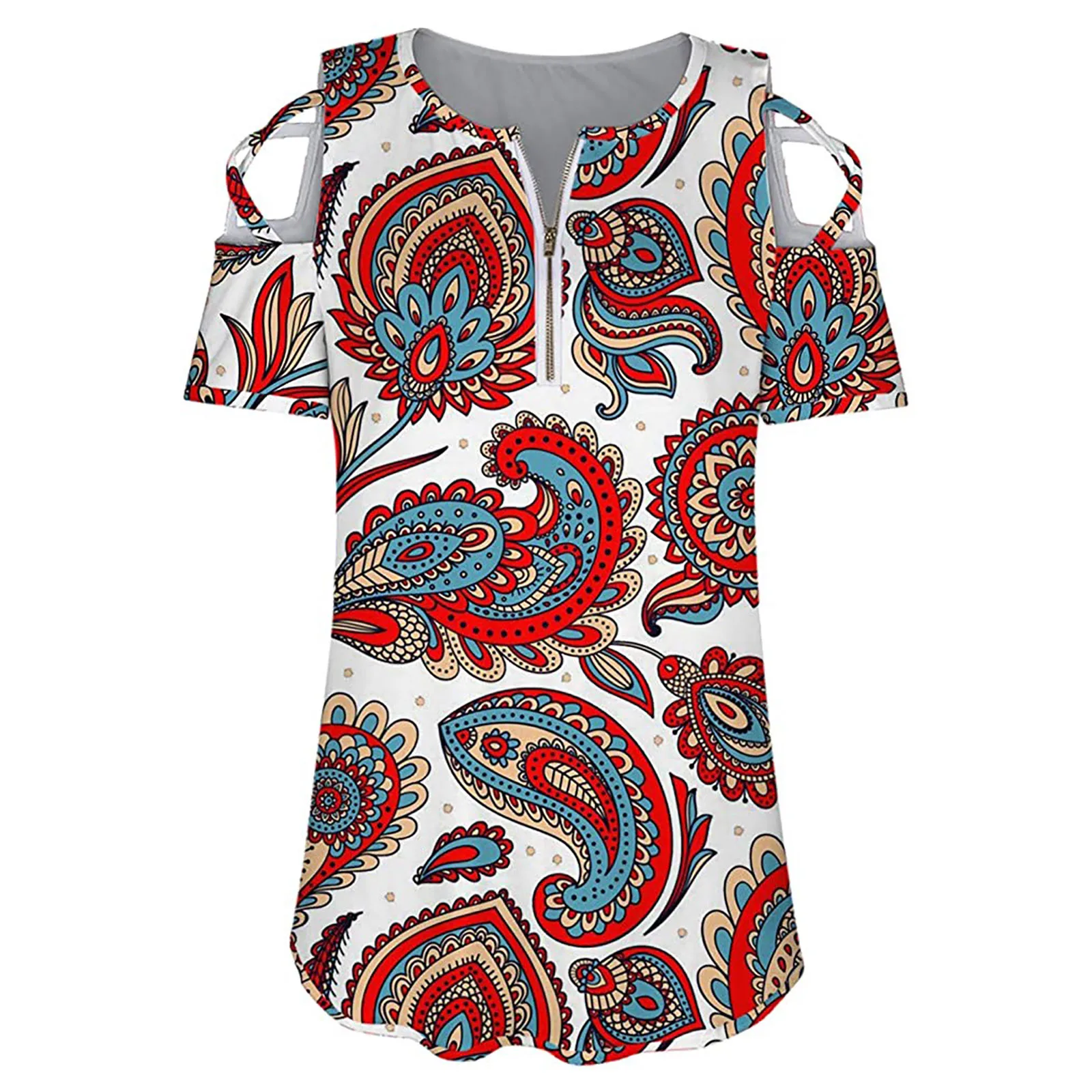 

Summer Ladies Leaky Shoulder Strap Zipper Top Printed Short Sleeve Lace-up Cold Shoulder T-shirt Top Blouse F4