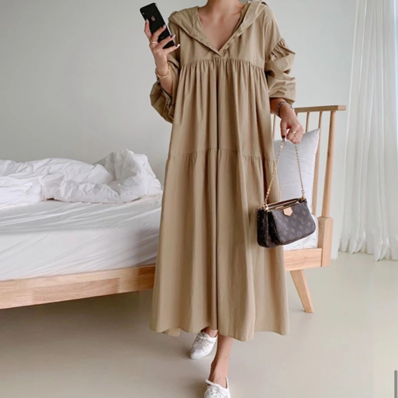 

Женское платье-рубашка с капюшоном Johnature, однотонное свободное платье-рубашка с воротником-капюшоном, в корейском стиле, для весны, 2022