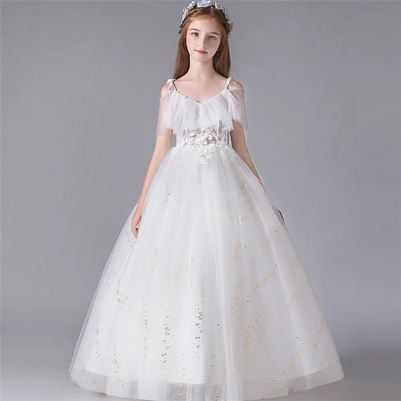 

Детские однотонные Элегантные аппликации белого цвета для девочек с цветами на день рождения и свадьбу, пушистое платье для выпускного веч...