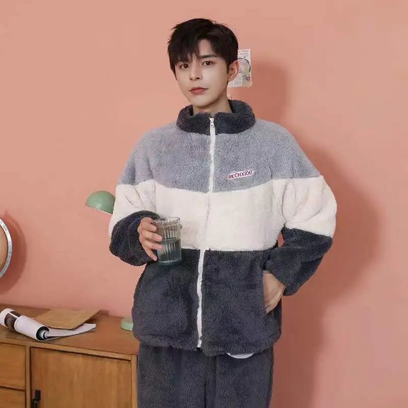 Men's Pajama Set Winter Thicken Warm Sleepwear 2Pcs/Set Tops + Pants Home Clothes Coral Fleece Pyjamas Suit