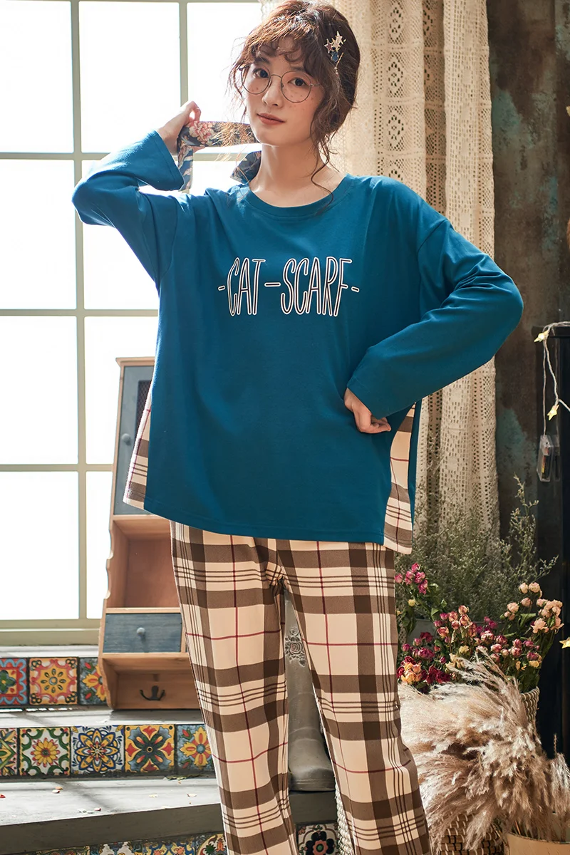 

JVCAKE Women Two Piece Set pajamas womens cotton check pants suit women 2020 Autumn home suit animal pattern clothing