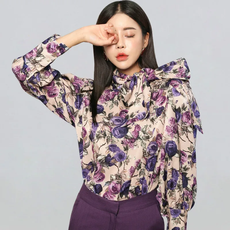 

nWinter Elegant Bow Ribbons Blouses Women 2019 New Korean Style Flower Floral Shirts OL Office Wear Halter Work Tops