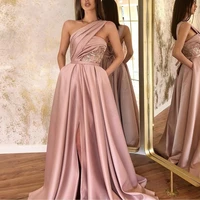 vinca sunny pink long evening dresses one shoulder ruched split satin evening gowns sequined a line prom dresses with pocket
