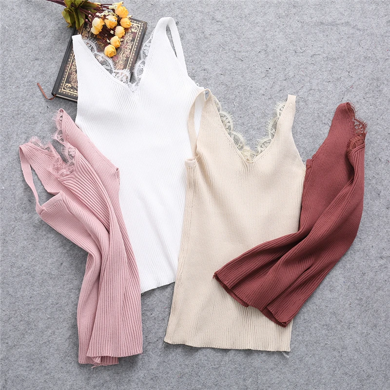 

Sexy Women Plain Camisole Lace Splicing Double V-neck Vest Slim Sling Tank Tops X3UE