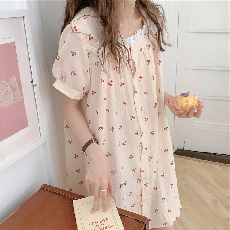 2021 Summer New Cotton Gauze Nightgown Women Lace Sleeping Dress Female Nightdress Short Sleeve Home Wear Lady Sleepwear