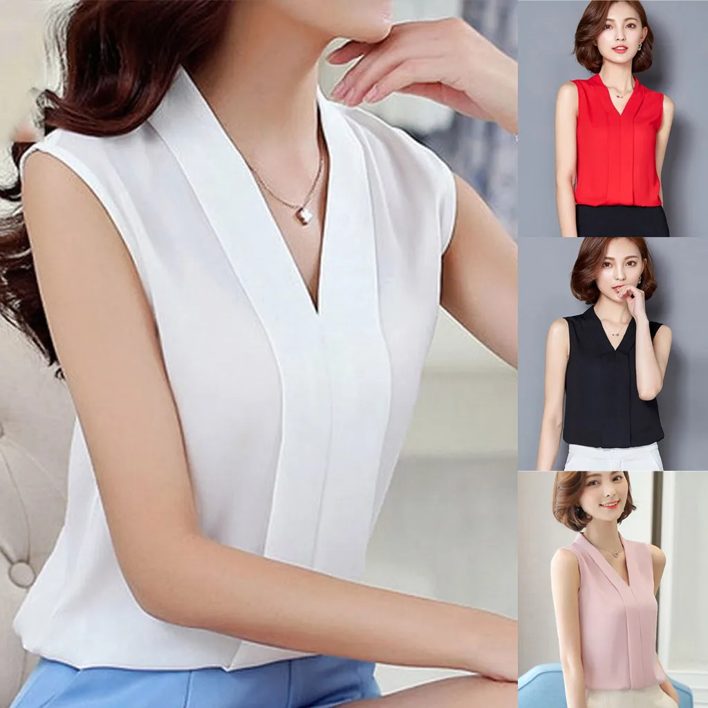 

Women Brief Office Work Wear V Neck Shirts Sleeveless Chiffon Casual Tops Casual white top Tops womens tops roupas femininas