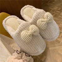 winter women home cotton slippers concise soft plush slides warm hairy floor shoes house indoor cute bow knot christmas slippers