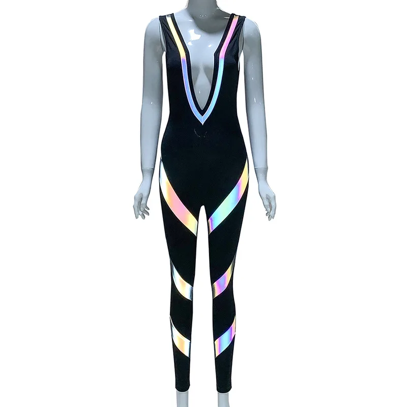 

BOOFEENAA Sexy Deep V Neck Colorful Reflective Black Jumpsuits for Women Sexy Club Outfits Celebrity Woman Rompers C87-DZ25