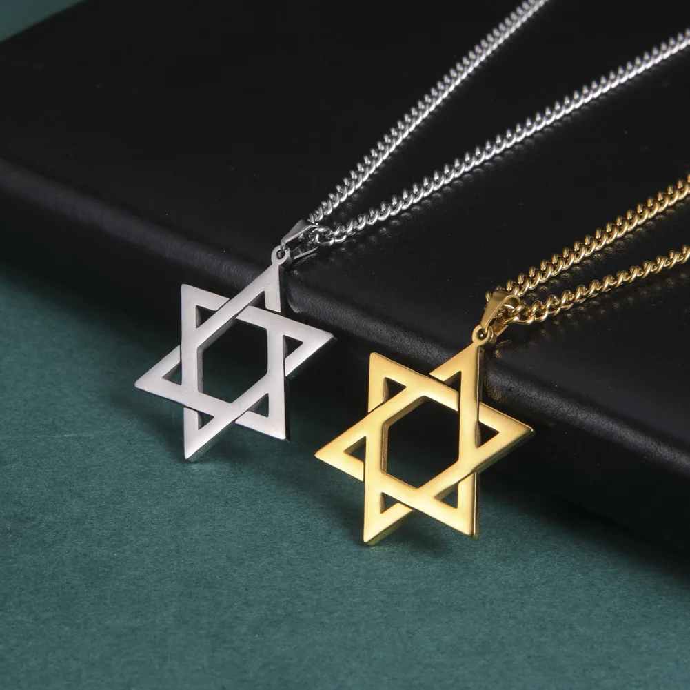 Men Women Trendy Magen David Star Pendant Necklace Israel Jewish Stainless Steel Chain Star of David Cross Charm Choker Jewelry