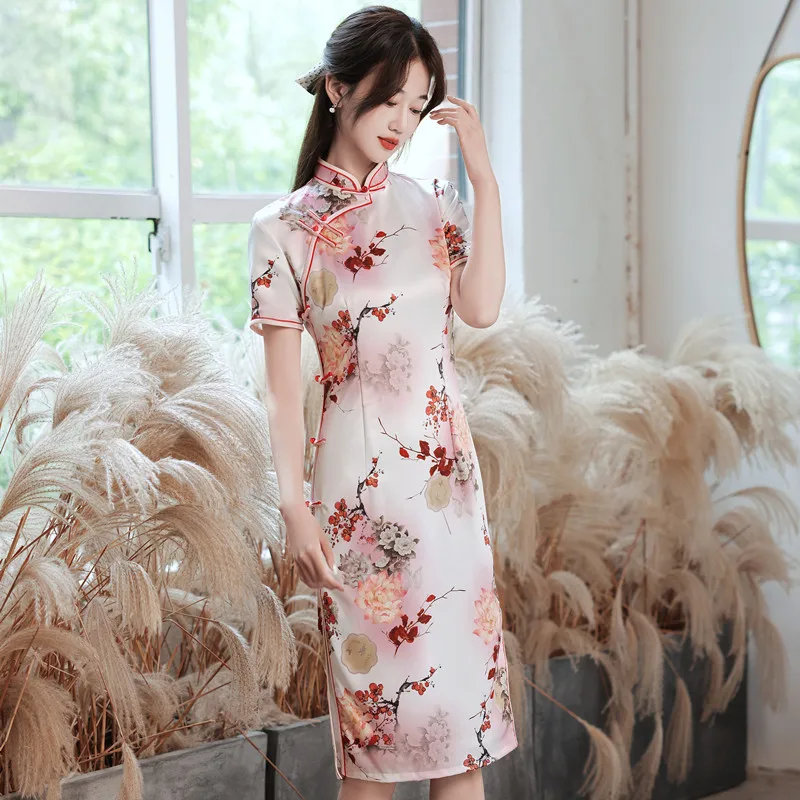 

Женское винтажное платье Qipao, классическое элегантное приталенное платье в китайском стиле, платье знаменитости с Боковым Разрезом, платье ...