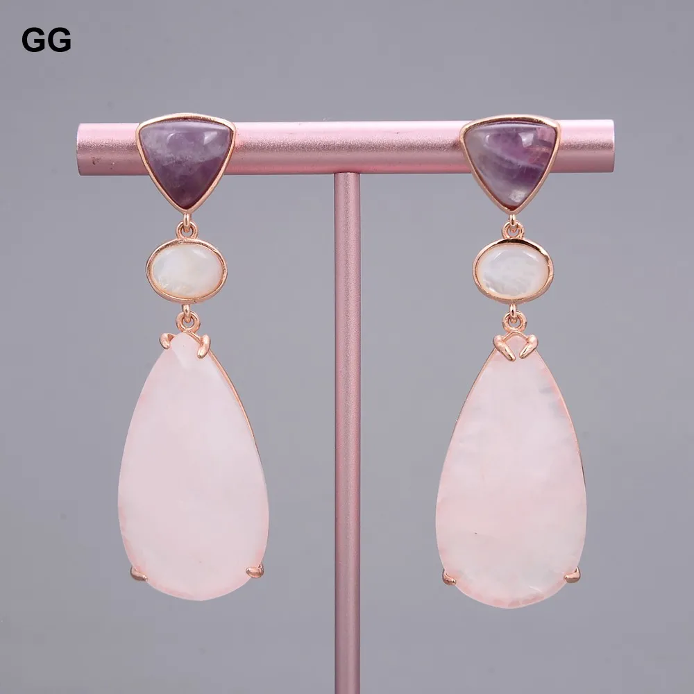 

GG Jewelry Natural Purple Amethyst Teardrop Rose Quartz White Shell Drop Earrings
