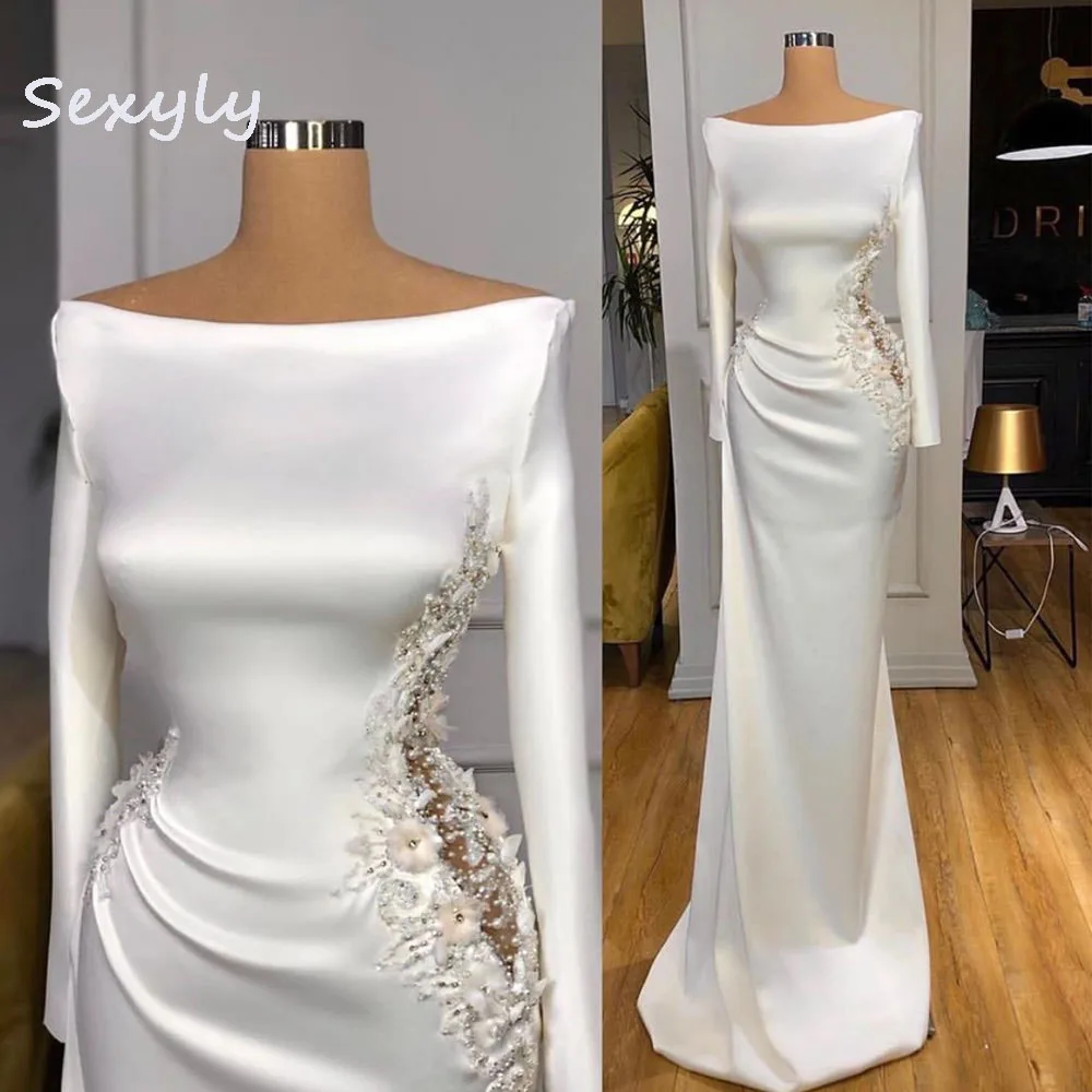

Elegant White Mermaid Muslim Evening Dresses 2022 Vintage Beaded Flower Arabic Dubai Prom Dress Long Sleeve Robe De Mariée