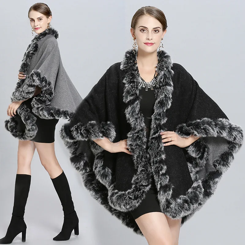 Péndulo grande de gran tamaño para mujer, Poncho suelto de piel sintética negra y gris, ropa de calle, chal grueso, abrigo largo, 5 colores