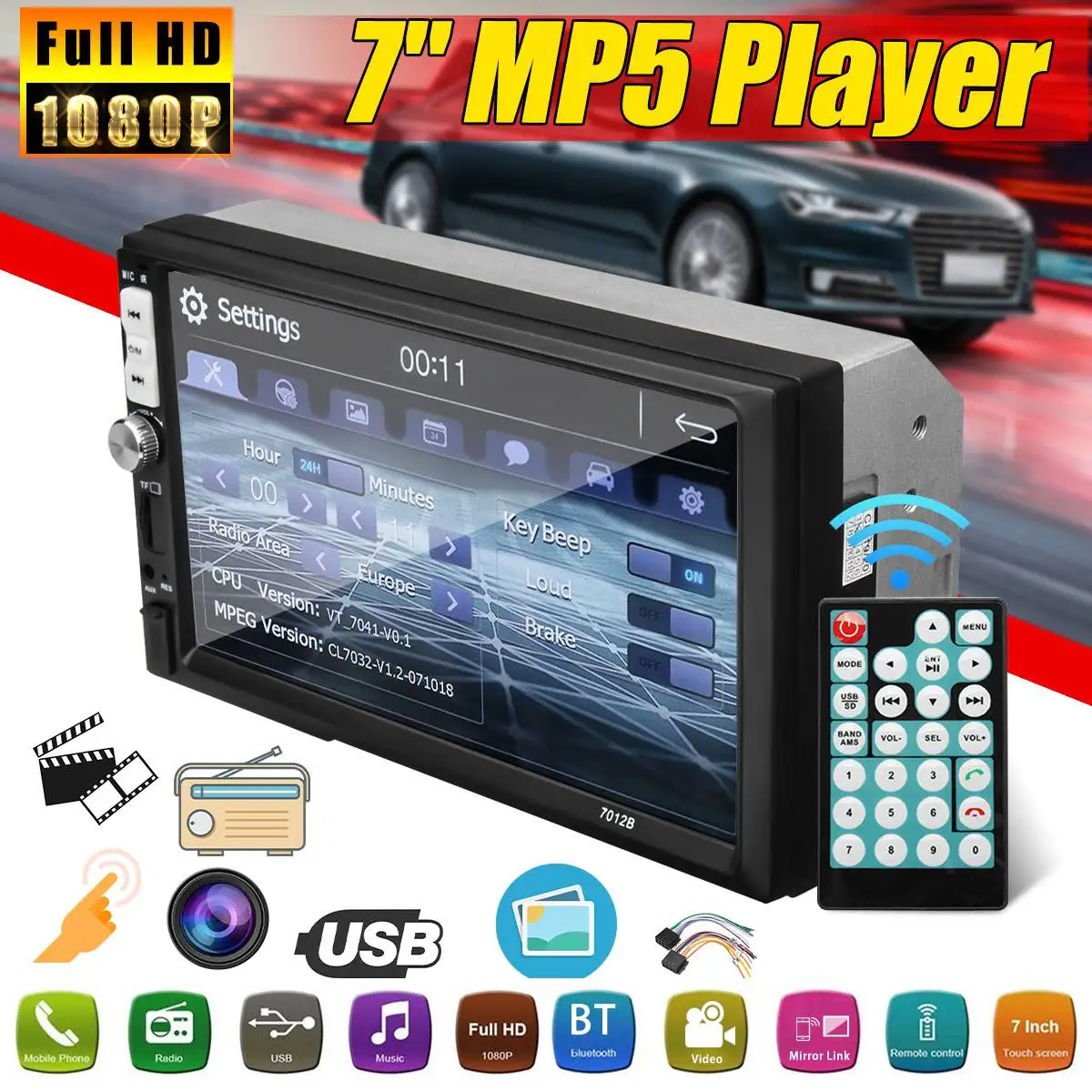 2 Din автомобильный стерео радиоплеер 7 дюймов HD для сенсорного экрана bluetooth MP5