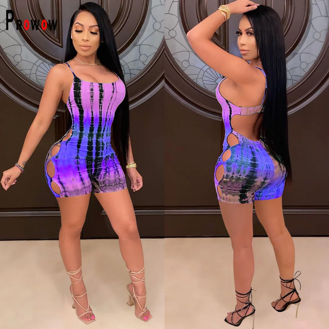 

Prowow Sexy Women Playsuits 2021 New Summer Tie Dye Print One Piece Backless Romper Sleeveless Female Party Night Club Outfits