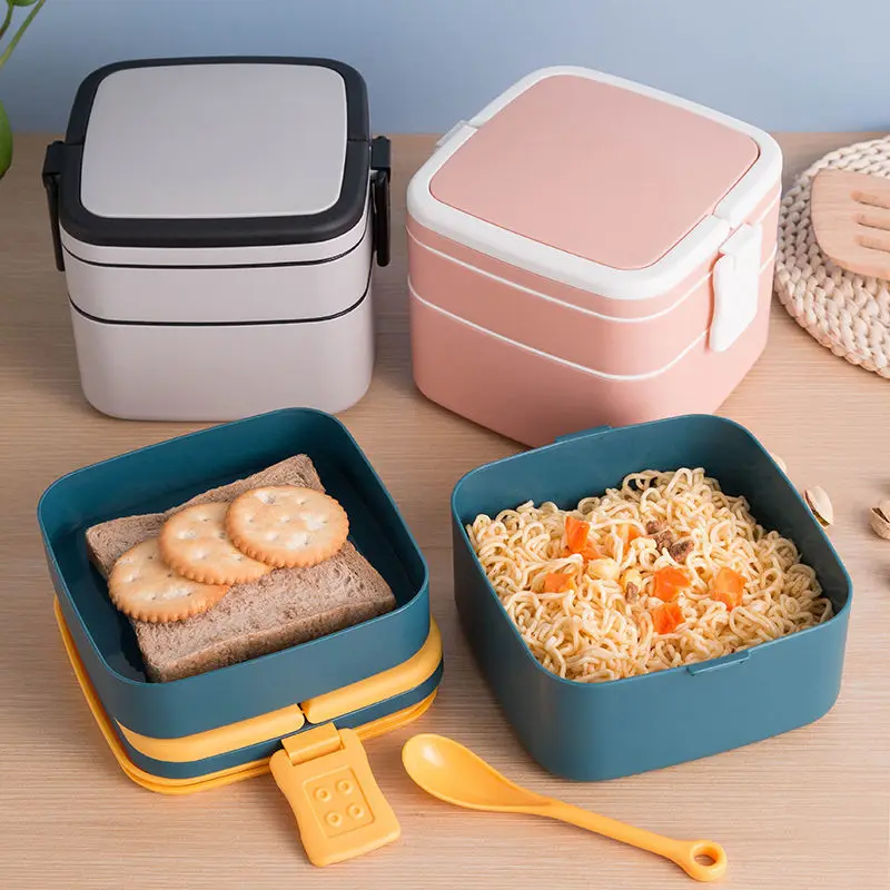

1100ml Portable 2 Layer Healthy Lunch Box Food Container Microwave Oven Lunch Bento Boxes With Cutlery Lunchbox