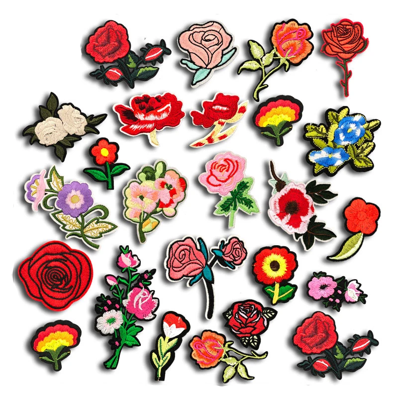 Вышитая красная Цветочная нашивка аппликация роза железные нашивки для одежды