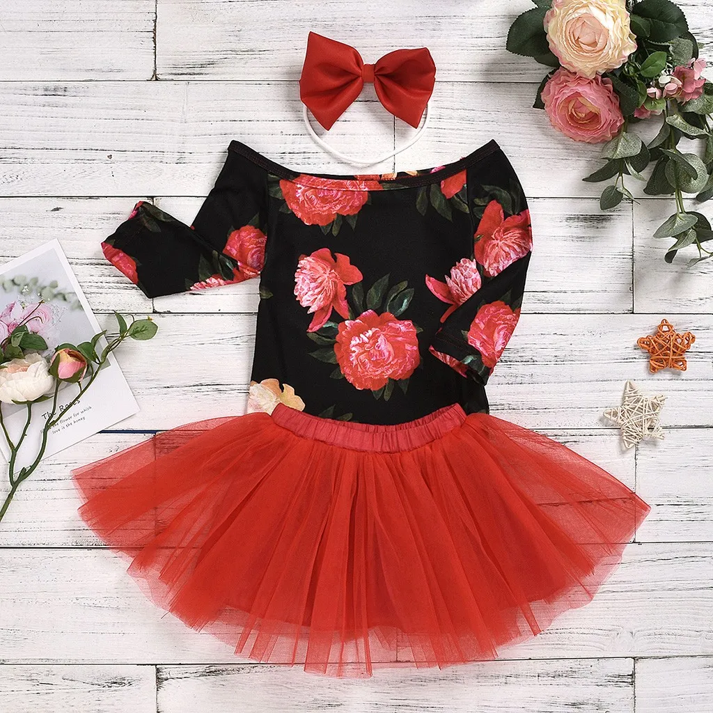Baby Clothing Toddler Newborn Infant Long Sleeve Floral Printed Romper+Tutu Skirt+Headbands Summer Casual Outfit Set C140# |