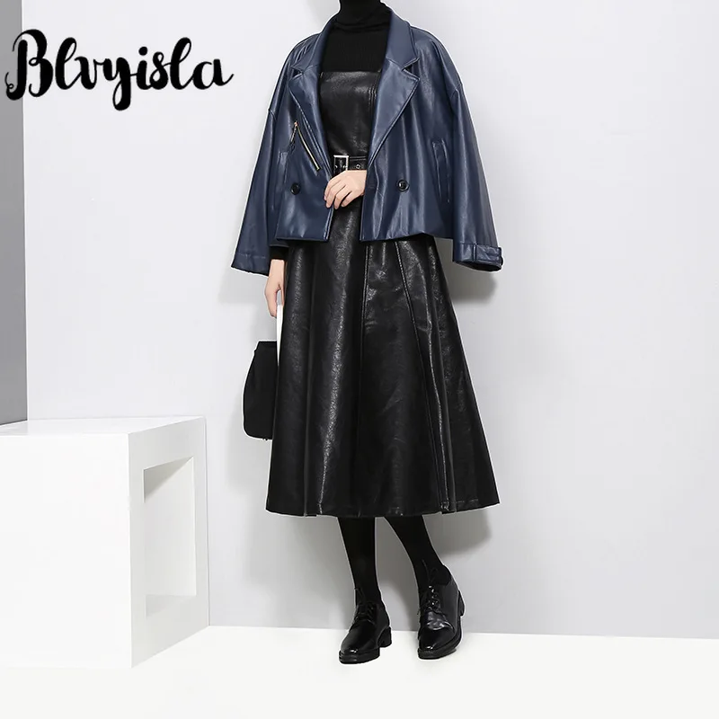 

Blvyisla Black Gothic Retro Strapless PU Leather Dress Special Women Graceful Zipper Up Winter Trend Dresses