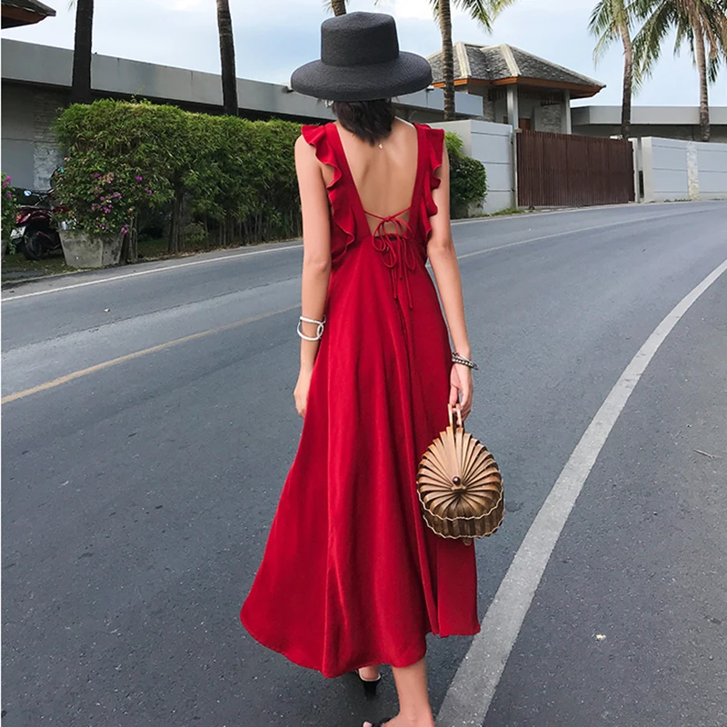 Женский летний сарафан бордового цвета длинное пляжное платье на тропических