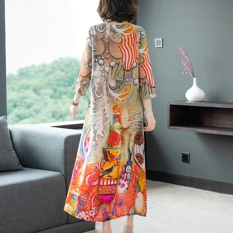 

2021 Vintage Print Mulberry Silk Midi Dress Spring Summer 3XL Plus Size Runway Maxi Dresses Classy Women Bodycon Party Vestidos