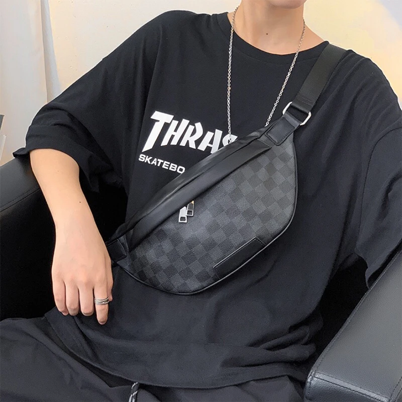 

Large Capacity Waist Pack for Men Plaid Design Crossbody Bags Male Travel Side Sling Shoulder Bags High Quality Fanny Pack Bags