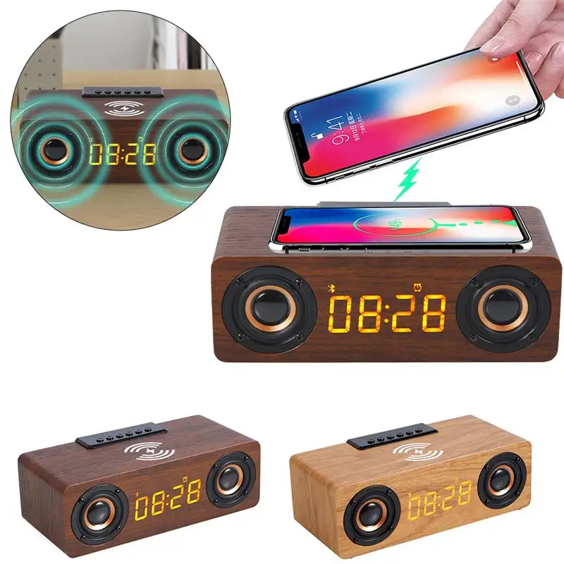 

Wooden Soundbar Bluetooth Speaker Home Theater Subwoofer Alarm Clock Phone Wireless Charging LED Display Outdoor Speaker