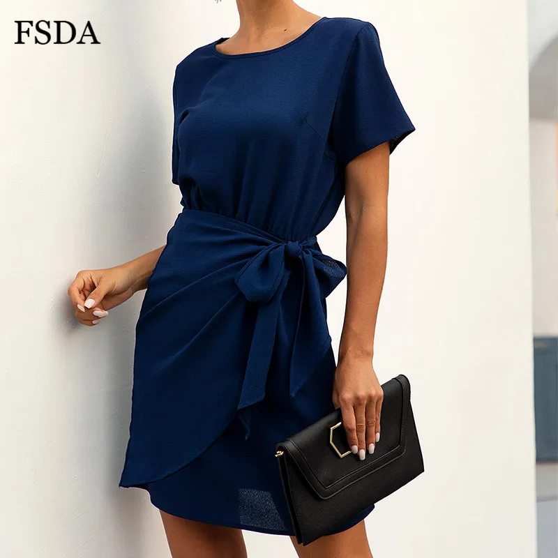 FSDA Повседневное платье с О образным вырезом и поясом летнее запахом короткий