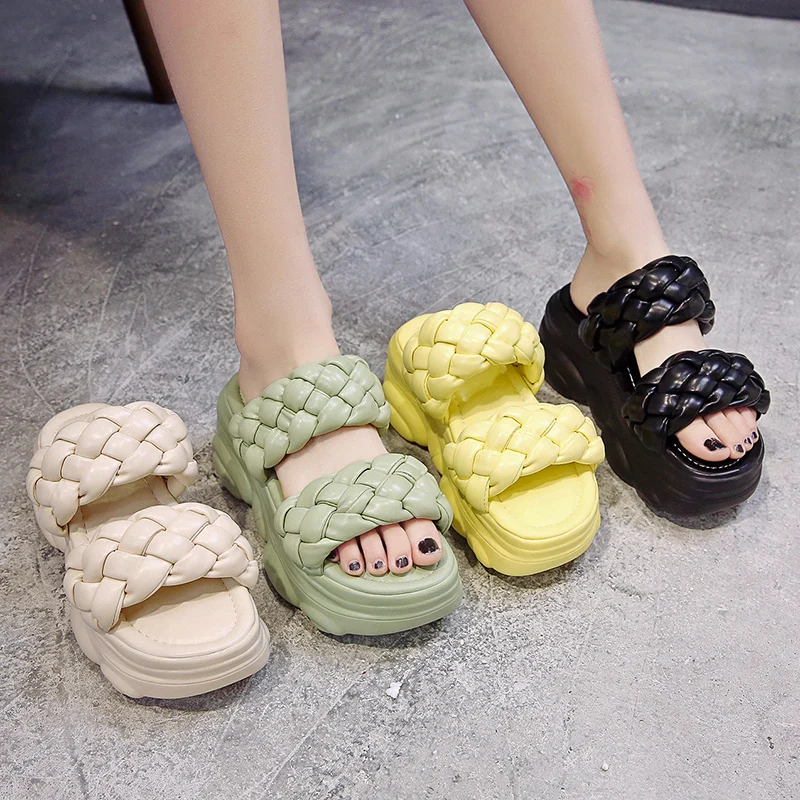 

Summer Women Slipper Brand Weave Ladies Sandal Shoe Low Open Toe Flat Casual Slides Beach Flip Flops Antiskid high muffin sandal