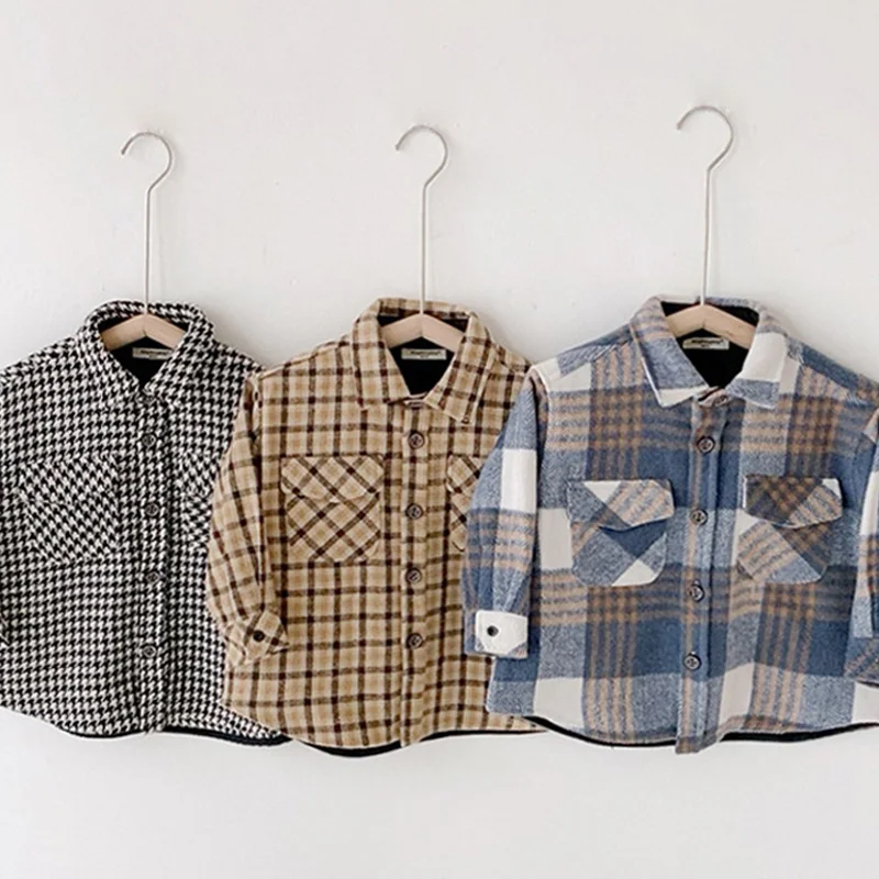 Spring Fall Baby Fashion Casual Clothes 3-14YBaby Girl Boy Plaid Shirt Jacket Cotton Child Shirt Thick Wool Loose Outfit Tops