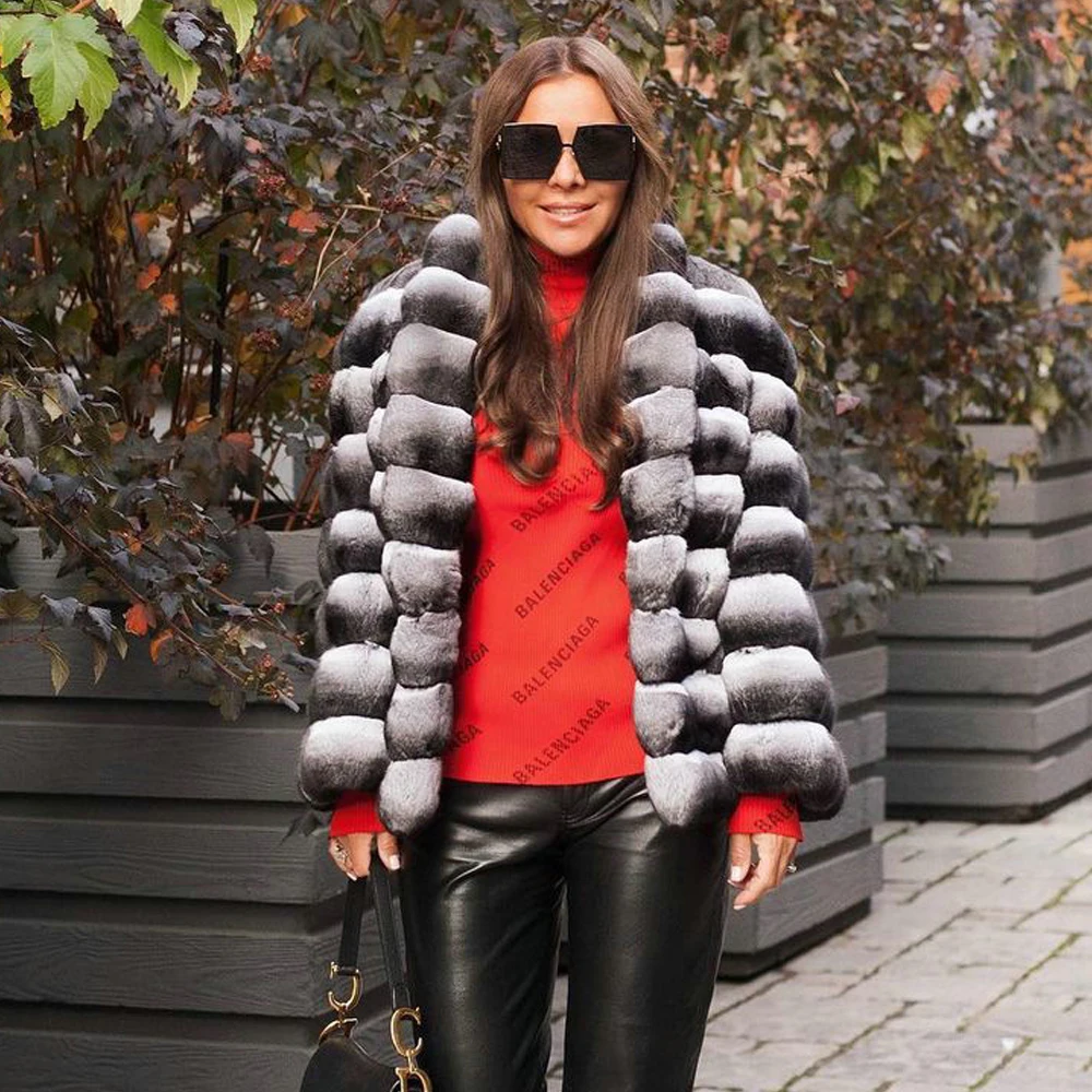 Winter New Real Rex Rabbit Fur Jacket Chinchilla Color Woman Natural Genuine Rex Rabbit Fur Coat with Turn-down Collar Outwear