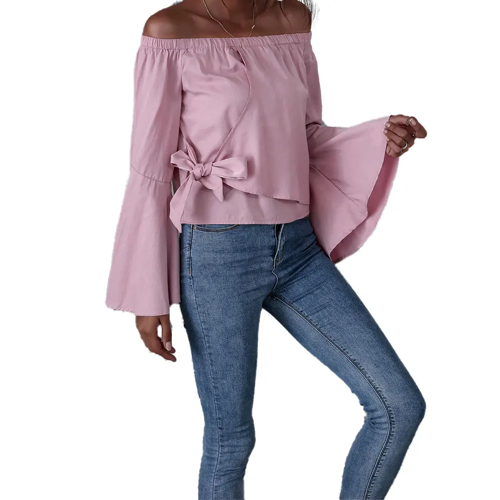 

Новинка, Лидер продаж, модные женские милые блузки с открытыми плечами, розовая рубашка с длинным Расклешенным рукавом и бантом, топы, осенн...