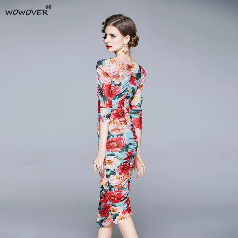 

Spring Autumn Designer Runway Long Sleeve Flower Print Draped Sheath Mesh Midi Party Dress Women Robe Square Collar Lady Vestido