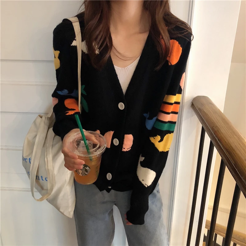 2019 autumn Colorful cartoon pocket sweater womens knitted cardigans coat (B8693) |