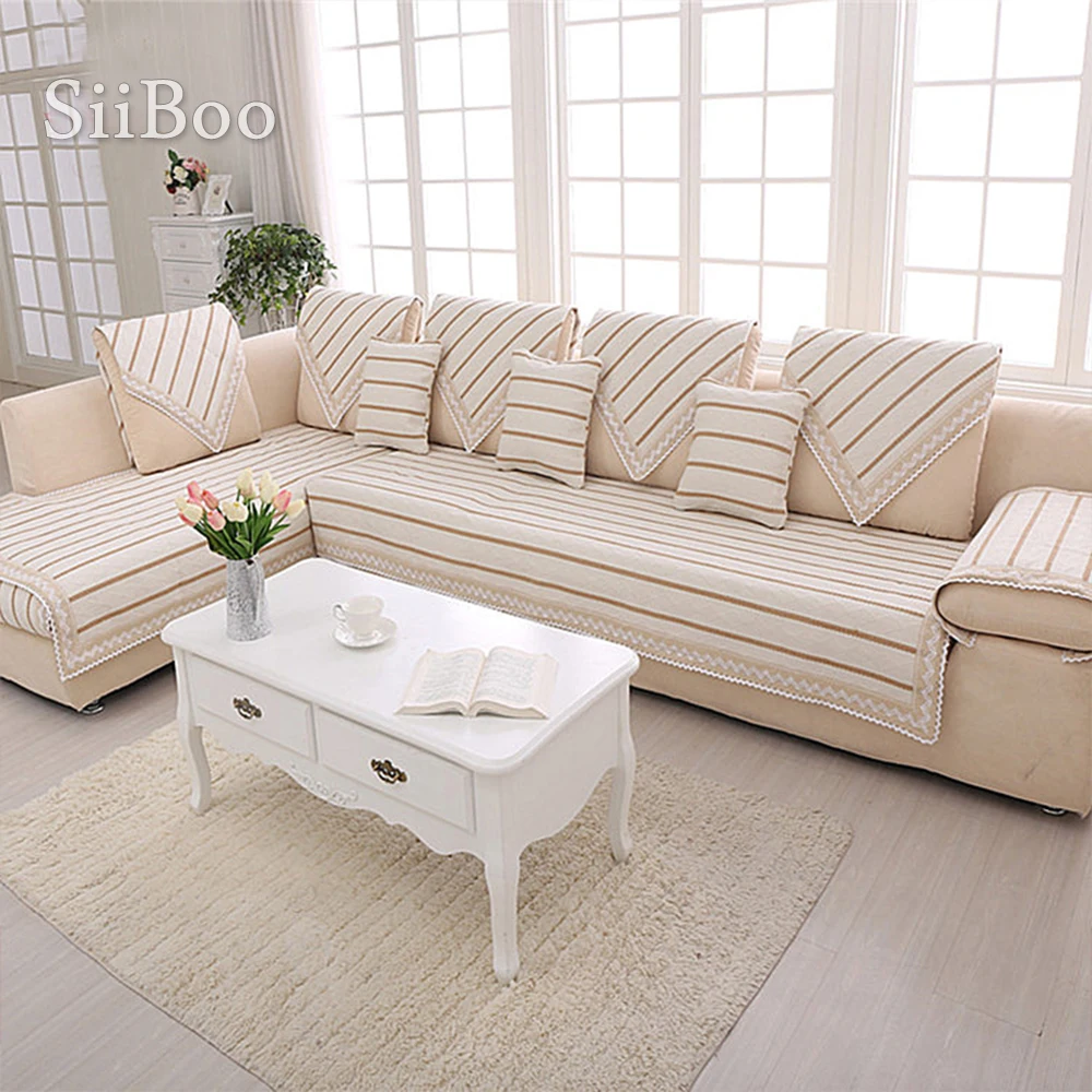 Современный чехол для дивана в белую коричневую полоску из хлопка и льна