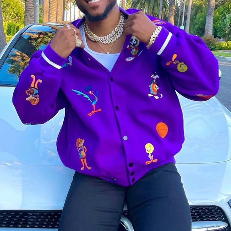 

Мужская Осенняя бейсбольная форма в Корейском стиле, однобортная Повседневная модная облегающая фиолетовая куртка с мультяшным принтом, м...