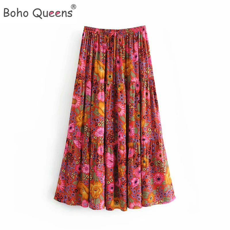 Boho королев Мода хиппи женские пляжные богемные красный цветочный принт юбка с