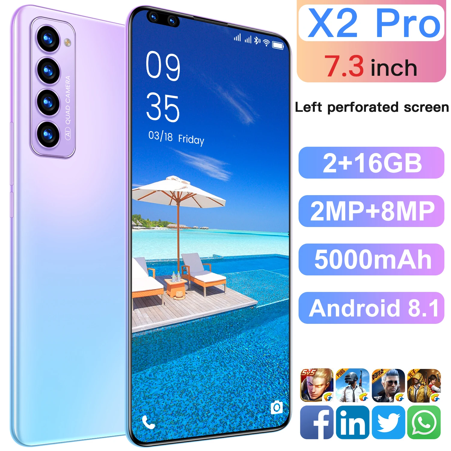 

Global Version X2Pro 2GB RAM 16GB ROM Smartphone 7.3 Inch Left Digging Screen Android Cellphone Unlocked Mobilephone Celular