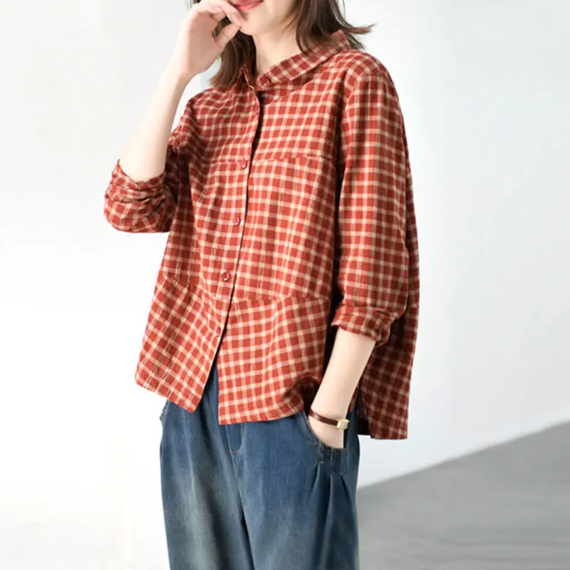 

2021 Spring Autumn New Arts Style Women Long Sleeve Turn-down Collar Loose Shirts All-matched Casual Cotton Plaid Blouse V436