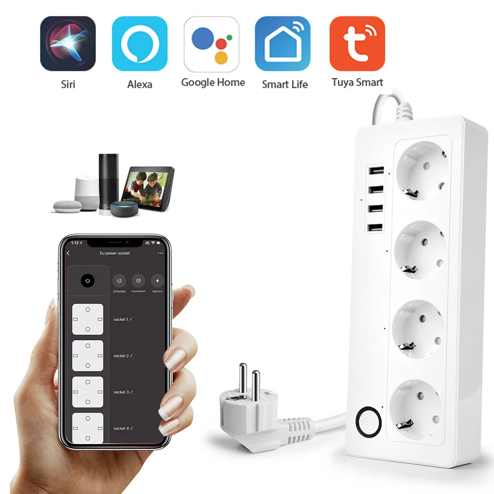

WiFi Power Line Plug EU Standard Intelligent Power Strip 4 AC Sockets with 4 USB Charging Port Smart for Google Alexa Speaker