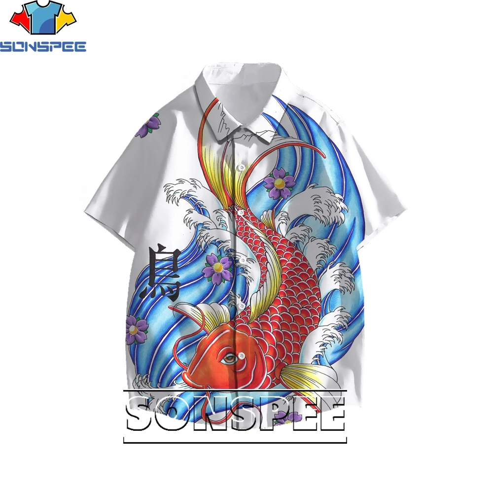 SONSPEE-camisa hawaiana con estampado 3D de peces Koi para hombre y mujer, blusa divertida holgada informal, estilo Harajuku con personalidad