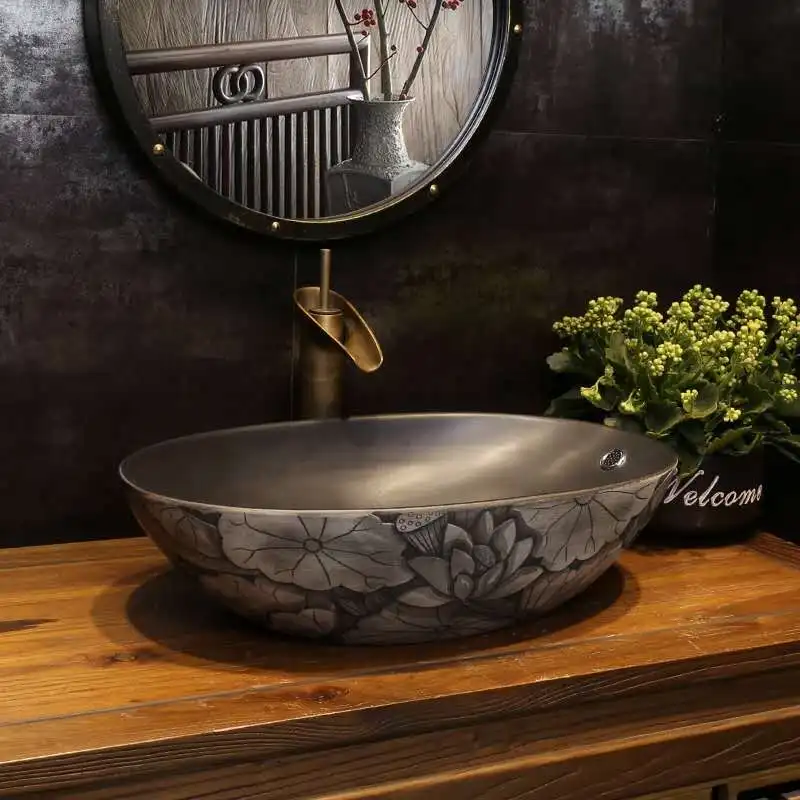 Резная антикварная художественная керамическая раковина для ванной комнаты