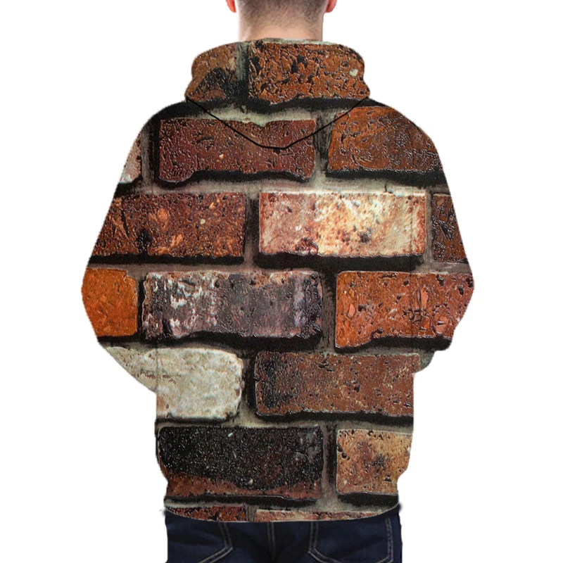 

Autumn and Winter Unisex Long Sleeve Hooded Slim Pullover Personality 3D Funny Red Brick Wall Pullover Men Shirt