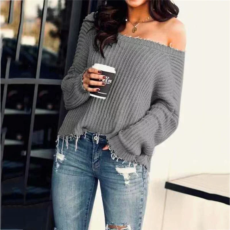 Slash Neck Solid Sweater With Tassel Women's Fashion Casual Slim Fit Long Sleeve Stripe V-neck Knitted Tops Blouse | Женская одежда