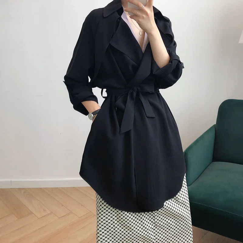 

Work Style Ol Thin Female Trench Coat Drawstring Slim Side Pockets Design Windbreaker 2021 Spring New Office Wear Elegant Coats